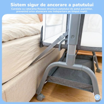 Patut Co-Sleeper Mavio®, pentru Bebelusi 0-6 Luni, Greutate Maxima 15 kg, 6 Trepte de Reglare a Inaltimii 43-57 cm, Laterale din Plasa 360°, Cadru Rezistent din Fier, Material din Tesatura de In, Gri - Img 5