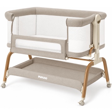 Patut Co-Sleeper Mavio®, pentru Bebelusi 0-6 Luni, Greutate Maxima 15 kg, 6 Trepte de Reglare a Inaltimii 43-57 cm, Laterale din Plasa 360°, Cadru Rezistent din Fier, Material din Tesatura de In, Bej