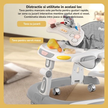 Premergator Copii 2 in 1 Mavio®, Model EasyRide, Rotobil pentru Bebelusi, Mod Antemergator, Varsta Recomandata 6-36 Luni, Maner, Pliabil, Inaltime Ajustabila, Jucarii Interactive, Anti Cadere, Roti 360 Grade, Masuta Mancare Bebe, Tavita cu Sunete, Gri - Img 5
