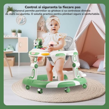 Premergator Copii 2 in 1 Mavio®, Model EasyRide, Rotobil pentru Bebelusi, Mod Antemergator, Varsta Recomandata 6-36 Luni, Maner, Pliabil, Inaltime Ajustabila, Jucarii Interactive, Anti Cadere, Roti 360 Grade, Masuta Mancare Bebe, Tavita cu Sunete, Verde - Img 6