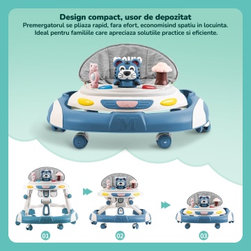 Premergator Copii 2 in 1 Mavio®, Model EasyRide, Rotobil pentru Bebelusi, Mod Antemergator, Varsta Recomandata 6-36 Luni, Maner, Pliabil, Inaltime Ajustabila, Jucarii Interactive, Anti Cadere, Roti 360 Grade, Masuta Mancare Bebe, Tavita Sunete, Albastru - Img 2