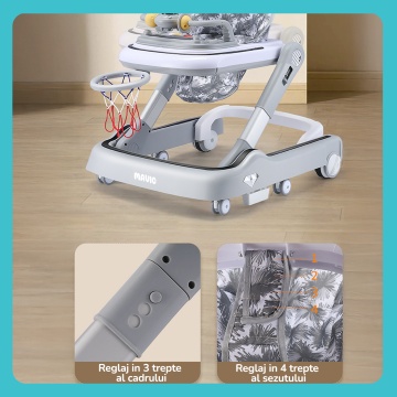 Premergator Copii 2 in 1 Mavio®, Model MyRide, Rotobil pentru Bebelusi, Mod Antemergator, Varsta Recomandata 3-36 Luni, Pliabil, Inaltime Ajustabila, Jucarii Interactive, Anti Cadere, Roti 360 Grade, Masuta Mancare, Tavita, Cos Baschet, Gri - Img 10