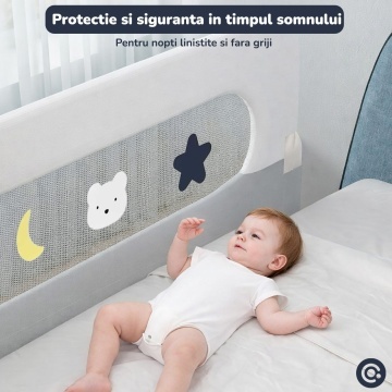Resigilat - Bariera de Protectie Laterala pentru Pat Mavio®, 180 x 60 cm, Bariera Siguranta Pat Copii, Cadru Otel, Material Oxford 300D + Poliester, Inaltime 60 cm, Pliabila, Sistem Fixare Sigur pentru Saltea, Gri - Img 2