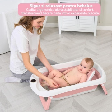 Resigilat - Cadita Pliabila pentru Bebelusi Mavio®, Model BabySpa, Reductor Ergonomic, Termometru Digital Incorporat, 0–36 Luni, 40L Capacitate, 83 cm, Dop Scurgere, Suport Dus, Picioare Antiderapante, Design Compact, Roz - Img 6
