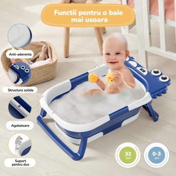 Resigilat - Cadita Pliabila pentru Bebelusi Mavio®, Model Little Dino, 0 - 36 Luni, 32 Litri, 63 cm, Perna de Baie Hipoalergenica, Termometru Incorporat, Suport Cap de Dus, Dop Scurgere, Picioare Antiderapante, Gaura Agatare, Albastru - Img 2