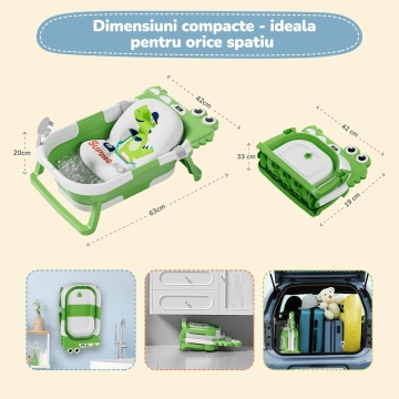 Resigilat - Cadita Pliabila pentru Bebelusi Mavio®, Model Little Dino, 0 - 36 Luni, 32 Litri, 63 cm, Perna de Baie Hipoalergenica, Termometru Incorporat, Suport Cap de Dus, Dop Scurgere, Picioare Antiderapante, Gaura Agatare, Verde - Img 5