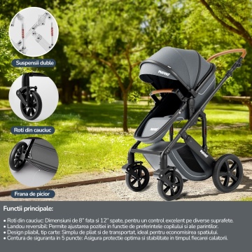 Resigilat - Carucior 3 in 1 pentru Bebelusi Mavio® Adventure, Landou Reversibil, Scoica Copii, Roti cu Suspensie, Greutate Maxima 25 kg, Pliabil, Tip Troller, Centura, 0 - 36 luni, Gri - Img 3