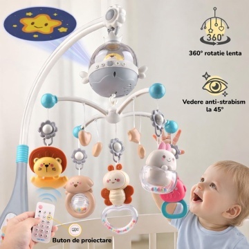 Resigilat - Carusel Muzical pentru Patut Mavio®, Model Little Bear, Proiector Lumini pentru Bebelusi, Sunete Albe & Cantece de Leagan, Telecomanda, Temporizator 20/40/60 min, 0+ luni, ABS Non-Toxic, Albastru - Img 5