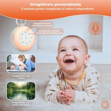 Resigilat - Dispozitiv Sunete Albe Portabil Mavio® pentru Bebelusi si Adulti, 24 Sunete Relaxante, 2 Functii Inregistrare, Bluetooth, 7 Culori Ambientale, Baterie Reincarcabila 2000 mAh, Difuzor 3W, Temporizator 30/60/90 min, Lumina de Noapte, Alb - Img 2