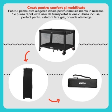Resigilat - Patut Bebelusi Mavio®, Model Nova, Pliabil pentru Copii 0-36 luni, Portabil, 122x66 cm, Greutate Maxima 15 kg, Plasa Elastica, Geanta Transport Calatorie, Roti cu Sistem Blocare, Saltea Inclusa 120x60 cm - Img 4