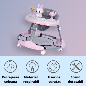 Resigilat - Premergator Reglabil pentru Bebelusi cu Varsta intre 6-36 Luni, Pliabil cu 3 Jucarii, Material Respirabil, Greutatea Maxima 20 kg, Roz - Img 4