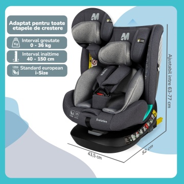 Resigilat - Scaun Auto Bebelusi Mavio®, Model Evolution, 40-150 cm, 360 de grade, ISOFIX, Copii intre 0 - 12 ani, Omologat i-Size R129, Gri - Img 5