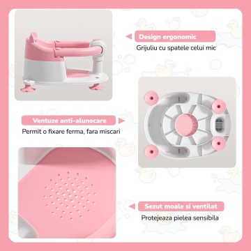 Resigilat - Scaun de Baie pentru Bebelusi Mavio®, Model Little Bear, Sistem Blocare, Varsta 6 luni+, Practic, Usor de Folosit, 4 Ventuze Fixare, Gauri Scurgere, Sezut si Spatar Confortabile, Materiale Sigure, Roz - Img 4