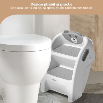 Resigilat - Scaunel Copii Mavio®, Model Little Bear, Scara cu Suprafata Antialunecare, Inaltator WC in Doua Trepte, Maner Transport, Taburet Pliabil pentru Baie, Toaleta, Chiuveta, Bucatarie, Greutate Suportata 68kg, Gri - Img 8