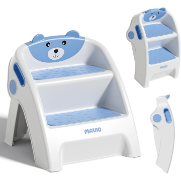Resigilat - Scaunel Copii Mavio®, Model Little Bear, Scara cu Suprafata Antialunecare, Inaltator WC in Doua Trepte, Maner Transport, Taburet Pliabil pentru Baie, Toaleta, Chiuveta, Bucatarie, Greutate Suportata 68kg, Albastru
