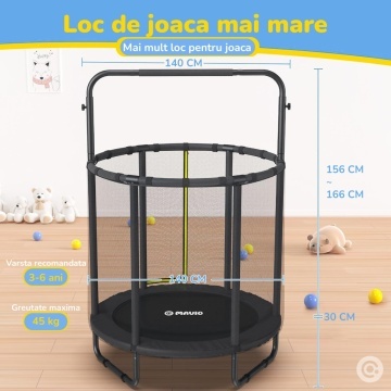 Resigilat - Trambulina pentru Copii Mavio®, 140 cm, Interior/Exterior, cu Bara de Sustinere, Cos si Minge de Baschet Incluse, Plasa de Protectie Interioara, Cadru din Otel Galvanizat, Design Anti-Cadere, Capacitate 45 kg, Sigura si Stabila - Img 6