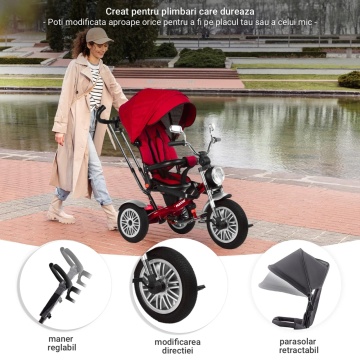 Resigilat - Tricicleta pentru Copii Mavio®, Pozitie de Somn, Centura de Siguranta, Far cu Lumina, Oglinzi, Cauciucuri Spuma EVA, Greutate Maxima Admisa 25kg, Rosu - Img 4