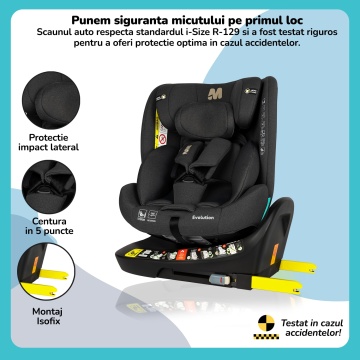 Scaun Auto Bebelusi Mavio®, Model Evolution, 360 de grade, ISOFIX, Copii intre 0 - 12 ani, Omologat i-Size R129, Negru - Img 5