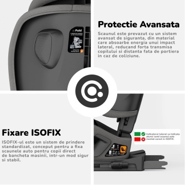 Scaun Auto Bebelusi Mavio®, Model Foldy, 76-150 cm, Unghi Reglabil, ISOFIX, Copii intre 18 luni - 12 ani, Pliabil, Spatar Rabatabil, Omologat i-Size R129, Protectie Impact Lateral, Centura de Siguranta 5 Puncte, Tetiera Reglabila, Husa Detasabila, Gri - Img 3