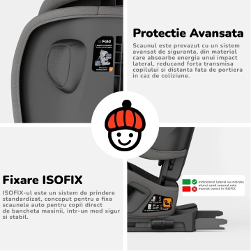 Scaun Auto Bebelusi Mavio®, Model Foldy, Unghi Reglabil, ISOFIX, Copii intre 18 luni - 12 ani, Pliabil, Spatar Rabatabil, Omologat i-Size R129, Protectie Impact Lateral, Centura de Siguranta 5 Puncte, Tetiera Reglabila, Husa Detasabila, Gri - Img 2