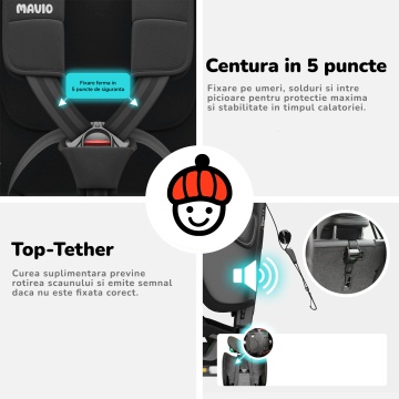 Scaun Auto Bebelusi Mavio®, Model Foldy, Unghi Reglabil, ISOFIX, Copii intre 18 luni - 12 ani, Pliabil, Spatar Rabatabil, Omologat i-Size R129, Protectie Impact Lateral, Centura de Siguranta 5 Puncte, Tetiera Reglabila, Husa Detasabila, Negru - Img 4