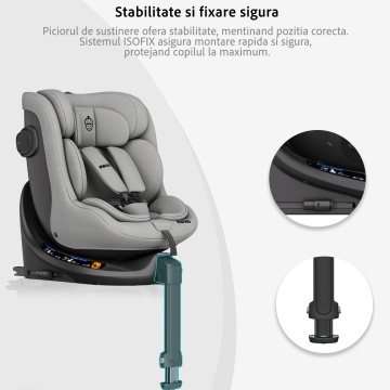 Scaun Auto Bebelusi Mavio®, Model Shield, Picior Fixare, 40-105 cm, Rotire 360 Grade, Unghi Reglabil, ISOFIX, Copii 0 luni - 4 ani, Spatar Rabatabil, Omologat i-Size R129, Protectie Impact Lateral, Centura de Siguranta 5 Puncte, Tetiera Reglabila, Gri - Img 2