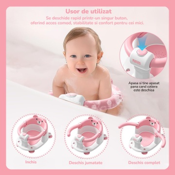 Scaun de Baie pentru Bebelusi Mavio®, Model Little Bear, Sistem Blocare, Varsta 6 luni+, Practic, Usor de Folosit, 4 Ventuze Fixare, Gauri Scurgere, Sezut si Spatar Confortabile, Materiale Sigure, Roz - Img 5