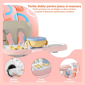 Scaun de Masa 3 in 1 pentru Bebelusi si Copii Mavio®, Model OMNY, Pliabil, 6-36 luni, Inaltime Reglabila, Centura de Siguranta in 5 Puncte, Tavita Reglabila si Detasabila, Roti Transport, Spatiu Depozitare, Usor de Curatat, Greutate Maxima 25kg, Roz - Img 2