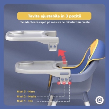 Scaun de Masa 3in1 pentru Bebelusi si Copii Mavio®, Model Petite, Varsta 6-36 luni, Inaltime Ajustabila, Centura de Siguranta in 5 Puncte, Tavita Reglabila si Detasabila, Loc pentru Depozitare, Albastru - Img 3