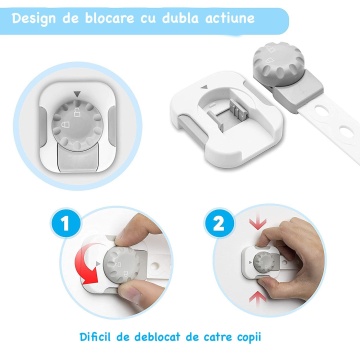 Set 6 Sigurante Usi Copii, Blocheaza Sertare, Frigider, Congelator, Ajustabile pe Lungime, Adeziv Puternic 3M, Fara Urme dupa Indepartare, Sistem de Inchidere Dublu, Gri - Img 3