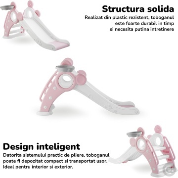 Tobogan Copii Mavio® cu Cos Baschet, 1–4 Ani, Panta Alunecare 115 cm, Structura HDPE Durabila, Pliabil, Stabil si Sigur, Design Ergonomic, Interior/Exterior, Dimensiuni 125x66x33 cm, Roz - Img 4