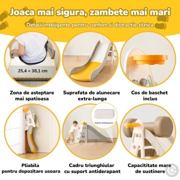 Tobogan Copii Mavio® cu Cos Baschet, 3–6 Ani, Panta Alunecare 165 cm, Structura HDPE Durabila, Pliabil, Stabil si Sigur, Design Ergonomic, Interior/Exterior, Dimensiuni 175x47x77 cm, Galben - Img 2