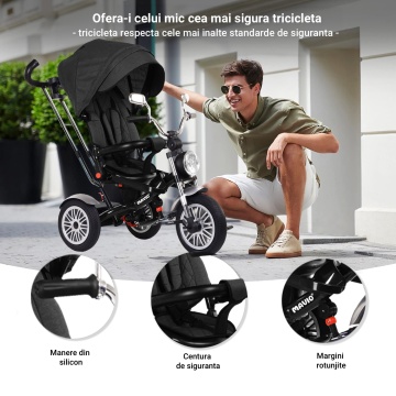Tricicleta pentru Copii Mavio®, Pozitie de Somn, Centura de Siguranta, Far cu Lumina, Oglinzi, Cauciucuri Spuma EVA, Greutate Maxima Admisa 25kg, Negru - Img 3