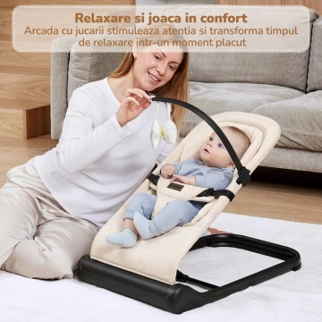 Balansoar Bebelusi Mavio®, 0-6 Luni, Greutate Maxima 9 kg, Reglare Inaltime pe 3 Niveluri, Cadru Rezistent din Fier si Aluminiu, Sezut Confortabil, Design Ergonomic, Stabil si Usor de Transportat, Bej - Img 6