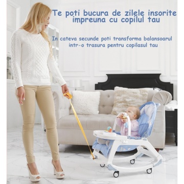 Balansoar Multifunctional 4 in 1, Ergonomic, Spatar Reglabil in Trei Trepte, Jucarii Detasabile, Centura de Siguranta, Masuta Retractabila, Husa Detasabila si Lavabila, Greutate Suportata 25 kg, Albastru - Img 4