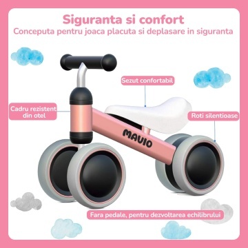Bicicleta de Echilibru Mavio®, Pentru Copii 12-24 Luni, Greutate Maxima 15 kg, Cadru din Otel Carbon, Roti EVA + PP, Sa Confortabila, Ghidon Stabil, Design Usor si Compact, Ajuta la Dezvoltarea Echilibrului si Coordonarii, Culoare Roz - Img 2