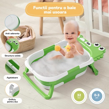 Cadita Pliabila pentru Bebelusi Mavio®, Model Little Dino, 0 - 36 Luni, 32 Litri, 63 cm, Perna de Baie Hipoalergenica, Termometru Incorporat, Suport Cap de Dus, Dop Scurgere, Picioare Antiderapante, Gaura Agatare, Verde - Img 2