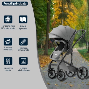 Carucior 2 in 1 pentru Bebelusi Mavio® Explorer, Landou Reversibil, Roti Cauciuc cu Suspensie, Greutate Maxima 25 kg, Tip Troller, Centura, 0 - 36 luni, Gri - Img 2