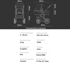 Carucior 3 in 1 pentru Bebelusi Mavio® Adventure, Landou Reversibil, Scoica Copii, Roti cu Suspensie, Greutate Maxima 25 kg, Pliabil, Tip Troller, Centura, 0 - 36 luni, Negru - Img 4
