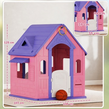 Casuta de Joaca pentru Copii Mavio®, Joaca 3 in 1 in Gradina, Baschet, Aruncarea Inelelor, Joc de Rol, Usa, Ferestre, Cadru Rezistent, Margini Fine, Interior si Exterior, Varsta Recomandata 2 ani+, Roz/Mov - Img 7