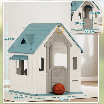 Casuta de Joaca pentru Copii Mavio®, Joaca 3 in 1 in Gradina, Baschet, Aruncarea Inelelor, Joc de Rol, Usa, Ferestre, Cadru Rezistent, Margini Fine, Interior si Exterior, Varsta Recomandata 2 ani+, Alb/Turcoaz - Img 5