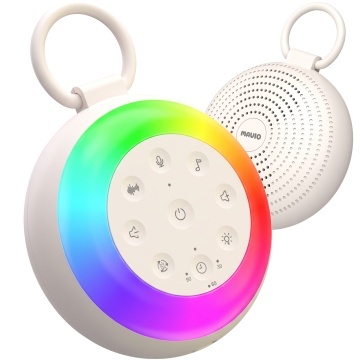 Dispozitiv Sunete Albe Portabil Mavio® pentru Bebelusi si Adulti, 24 Sunete Relaxante, 2 Functii Inregistrare, Bluetooth, 7 Culori Ambientale, Lumina Veghe, Baterie Reincarcabila 2000 mAh, Difuzor 3W, Temporizator 30/60/90 min, Lumina de Noapte, Alb