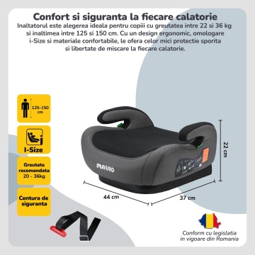 Inaltator Auto pentru Bebelusi si Copii Mavio®, Model RideUp, Fixare Centura Masina, Certificat R129, i-Size, 125-150cm, Gri Inchis - Img 2