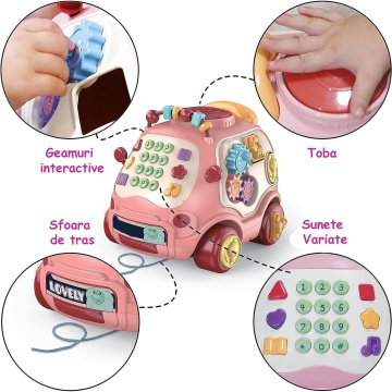 Jucarie Interactiva pentru Copii Mavio®, Telefon Educativ Tip Autobuz Muzical, cu Sunete Diverse, Jocuri, Roz - Img 9