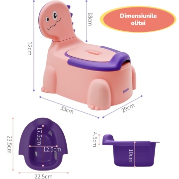 Olita pentru Copii Mavio®, Model Dinozaur, Colac Moale, Design Ergonomic, Non-Toxic, Varsta 1-6 Ani, Compartiment Detasabil, Maner Transport, Usor de Curatat, Picioare Anti-derapante, Roz - Img 7
