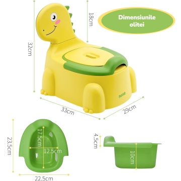 Olita pentru Copii Mavio®, Model Dinozaur, Colac Moale, Design Ergonomic, Non-Toxic, Varsta 1-6 Ani, Compartiment Detasabil, Maner Transport, Usor de Curatat, Picioare Anti-derapante, Galben - Img 3