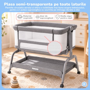 Patut Co-Sleeper Mavio®, pentru Bebelusi 0-6 Luni, Greutate Maxima 15 kg, 6 Trepte de Reglare a Inaltimii 43-57 cm, Laterale din Plasa 360°, Cadru Rezistent din Fier, Material din Tesatura de In, Gri - Img 2