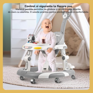 Premergator Copii 2 in 1 Mavio®, Model EasyRide, Rotobil pentru Bebelusi, Mod Antemergator, Varsta Recomandata 6-36 Luni, Maner, Pliabil, Inaltime Ajustabila, Jucarii Interactive, Anti Cadere, Roti 360 Grade, Masuta Mancare Bebe, Tavita cu Sunete, Gri - Img 6