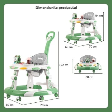 Premergator Copii 2 in 1 Mavio®, Model EasyRide, Rotobil pentru Bebelusi, Mod Antemergator, Varsta Recomandata 6-36 Luni, Maner, Pliabil, Inaltime Ajustabila, Jucarii Interactive, Anti Cadere, Roti 360 Grade, Masuta Mancare Bebe, Tavita cu Sunete, Verde - Img 7