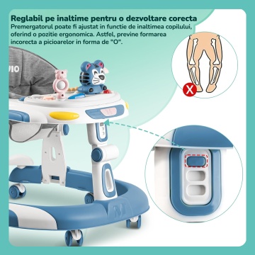 Premergator Copii 2 in 1 Mavio®, Model EasyRide, Rotobil pentru Bebelusi, Mod Antemergator, Varsta Recomandata 6-36 Luni, Maner, Pliabil, Inaltime Ajustabila, Jucarii Interactive, Anti Cadere, Roti 360 Grade, Masuta Mancare Bebe, Tavita Sunete, Albastru - Img 3